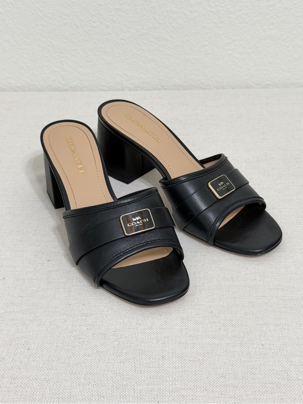Coach Block Heel Leather Sandal Black 10